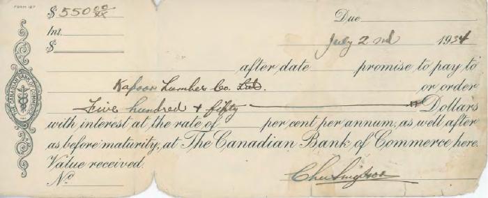 Promissory note from [?] to Kapoor Lumber Co. Ltd.]
