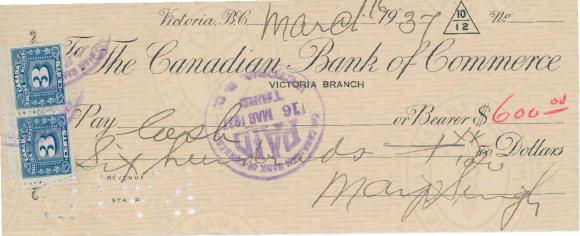 [Cheque from Mayo Singh to [?]]