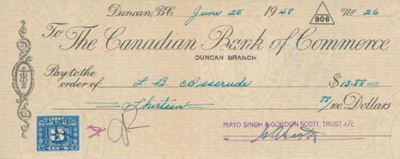 [Cheque from Mayo Singh and Gordon Scott Trust to L. B. Asserude]