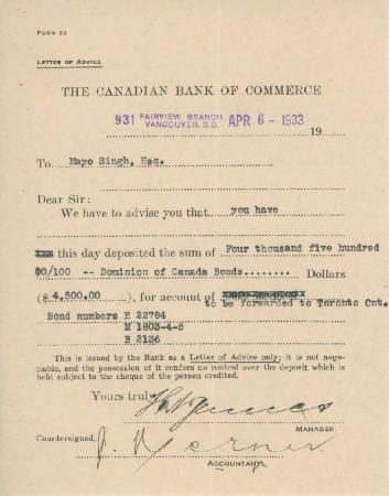 [Letter of advice from the Canadian Bank of Commerce to Mayo Singh]