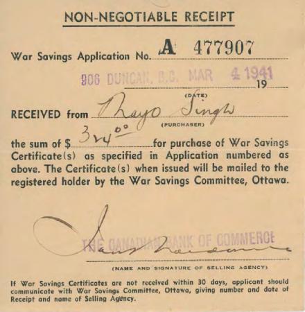 [Receipt from the Canadian Bank of Commerce to Mayo Singh]