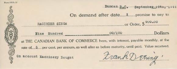 [Promissory note from Frank Denning to Raginder Singh]