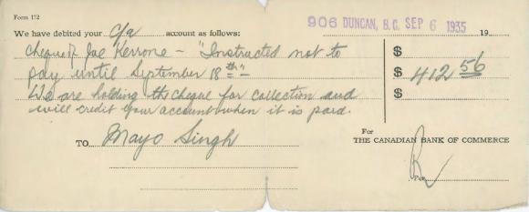 [Letter from the Canadian Bank of Commerce to Mayo Singh]
