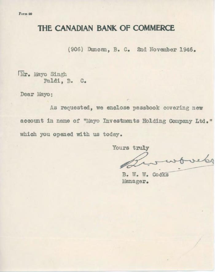 [Letter from B. W. W. Cocks to Mayo Singh]