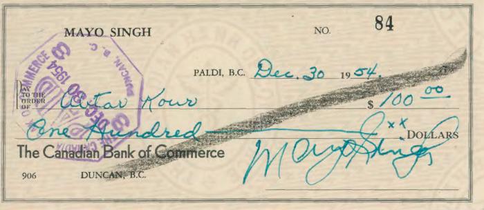 [Cheque from Mayo Singh to Avtar Kaur]