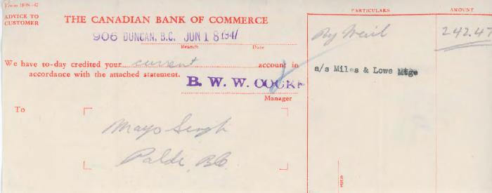 [Letter from the Canadian Bank of Commerce to Mayo Singh]