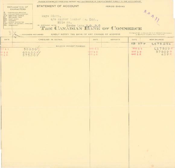 [Account statement from the Canadian Bank of Commerce to Mayo Singh]