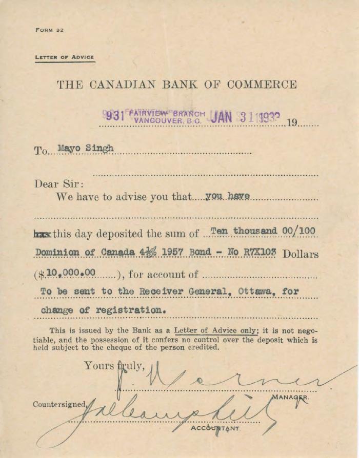 [Letter of advice from the Canadian Bank of Commerce to Mayo Singh]