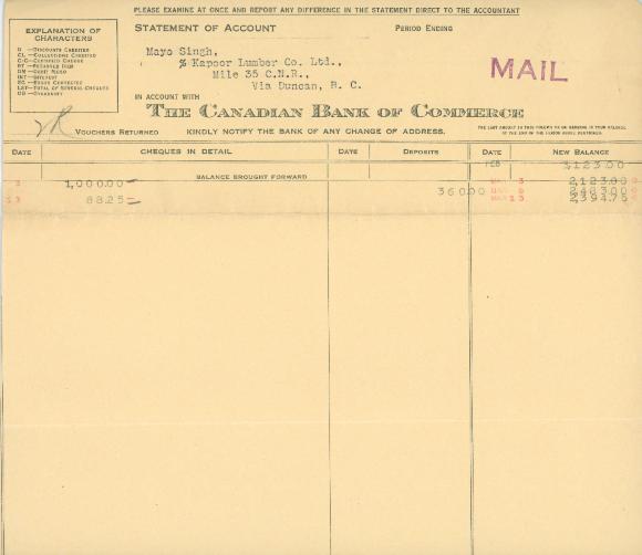 [Bank statement from the Canadian Bank of Commerce to Mayo Singh]