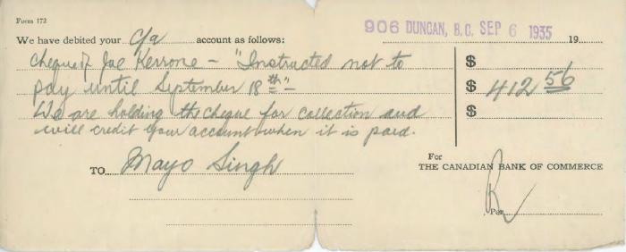 [Letter from the Canadian Bank of Commerce to Mayo Singh]
