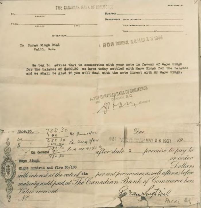 [Letter of advice from the Canadian Bank of Commerce to Puran Singh Dial]