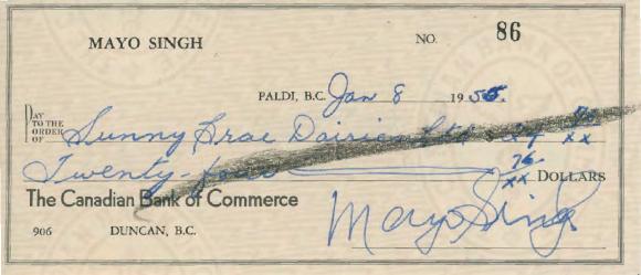[Cheque from Mayo Singh to Sunny Brar Dairies Limited]