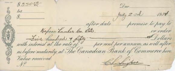 Promissory note from [?] to Kapoor Lumber Co. Ltd.]