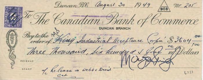 [Cheque from Mayo Singh to Ms Industrial Acceptance Corp]