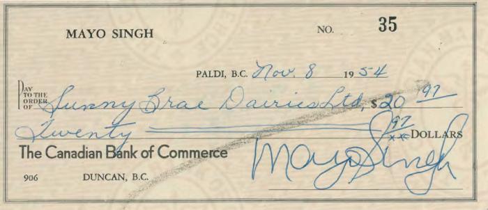 [Cheque from Mayo Singh to Sunny Brar Dairies Limited]