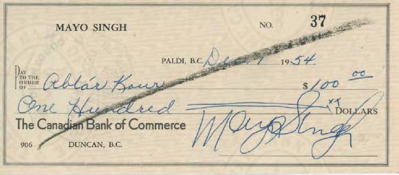 [Cheque from Mayo Singh to Abtar Kaur]