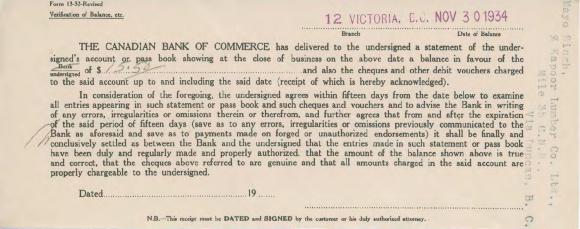 [Bank statement from the Canadian Bank of Commerce to Mayo Singh]