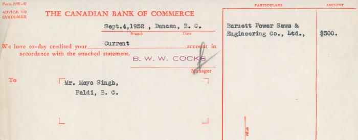 [Letter of advice from the Canadian Bank of Commerce to Mayo Singh]