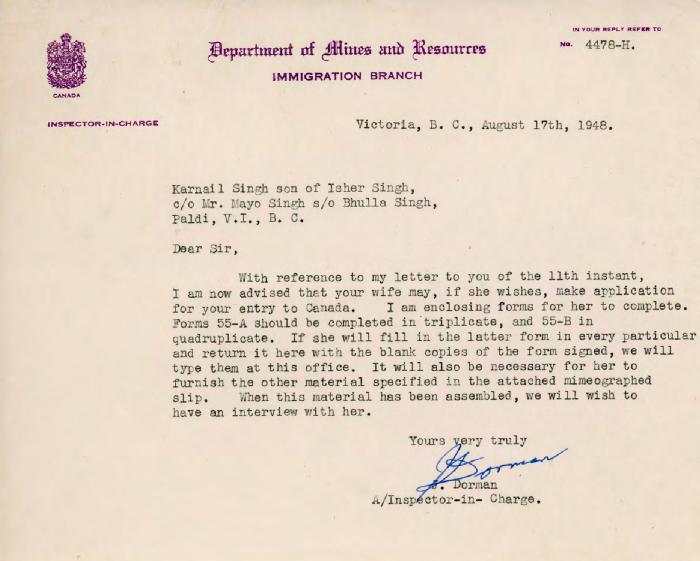 [Letter from J. Dorman to Karnail Singh]