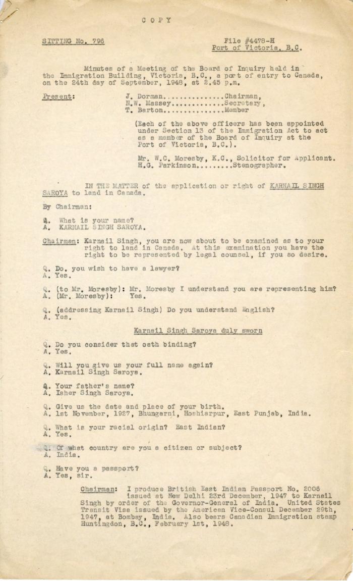 [Meeting minutes of the Board of Inquiry related to Karnail Singh Saroyo's immigration case]