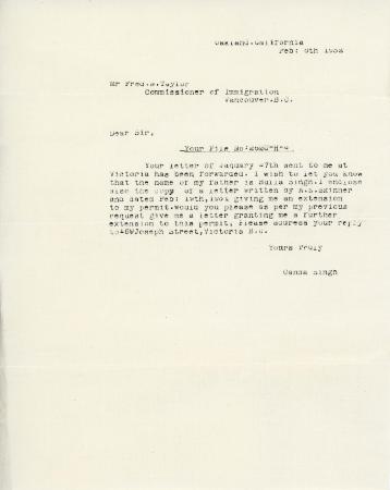 [Letter from Ganda Singh to Fred W. Taylor, Commissioner of Immigration]