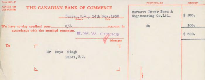 [Letter of advice from the Canadian Bank of Commerce to Mayo Singh]