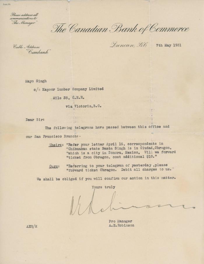 [Letter from A. E. Robinson to Mayo Singh]