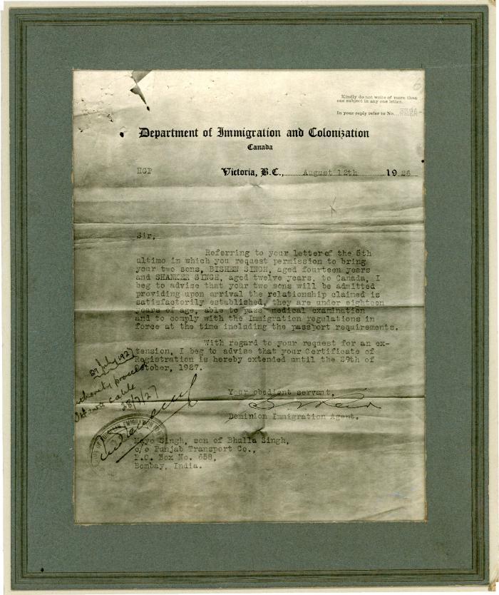 [Letter from Dominion Immigration Agent to Mayo Singh]