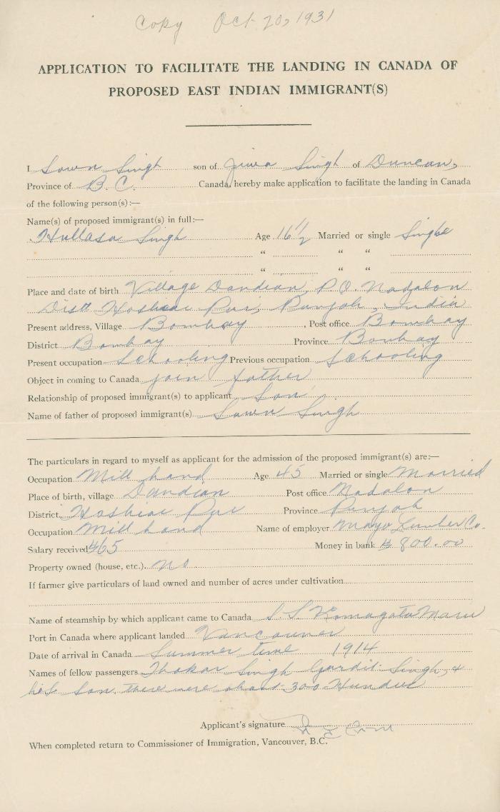 [Copy of the application to facilitate the landing in Canada for Sown Singh]
