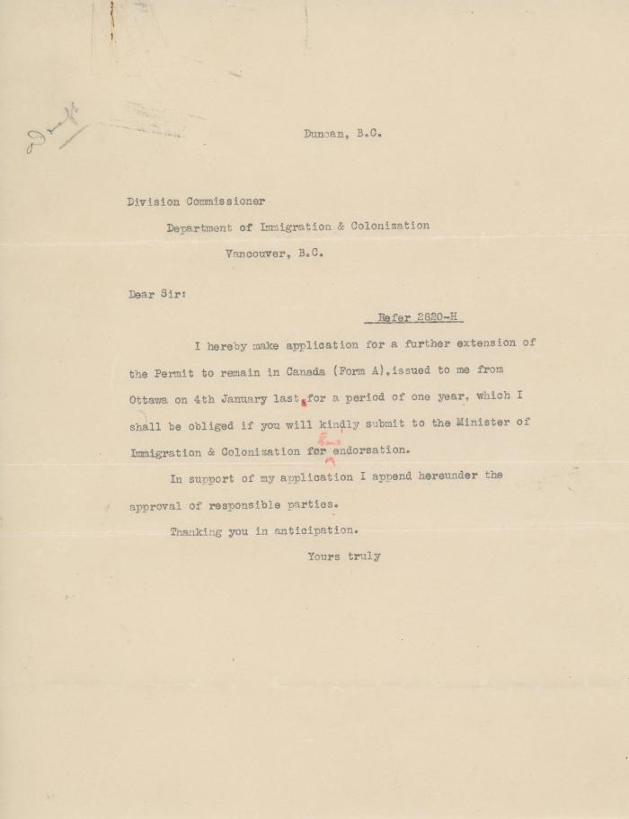 [Letter from Ganda Singh to the Division Commissioner, Department of Immigration and Colonization]