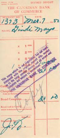 [Bank receipt from the Canadian Bank of Commerce to Mindi Mayo]