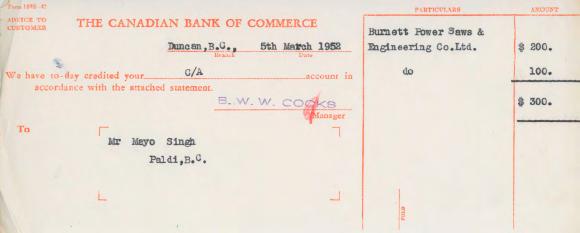 [Letter of advice from the Canadian Bank of Commerce to Mayo Singh]