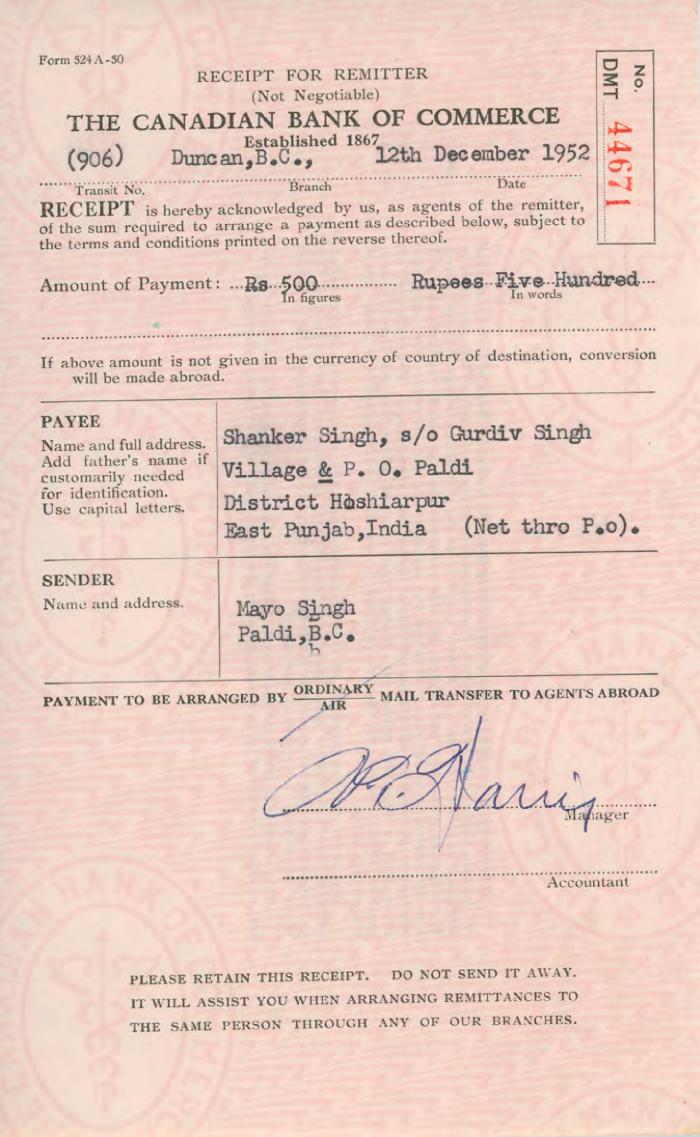 [Receipt from Mayo Singh to Shanker Singh]