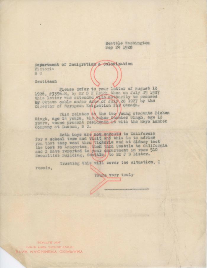 [Letter from [?] to the Department of Immigration and Colonization]
