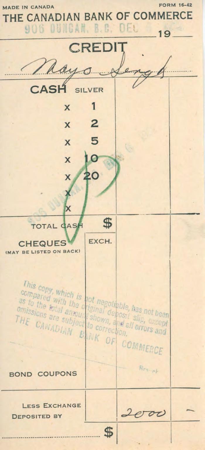 [Receipt of credit from the Canadian Bank of Commerce to Mayo Singh]