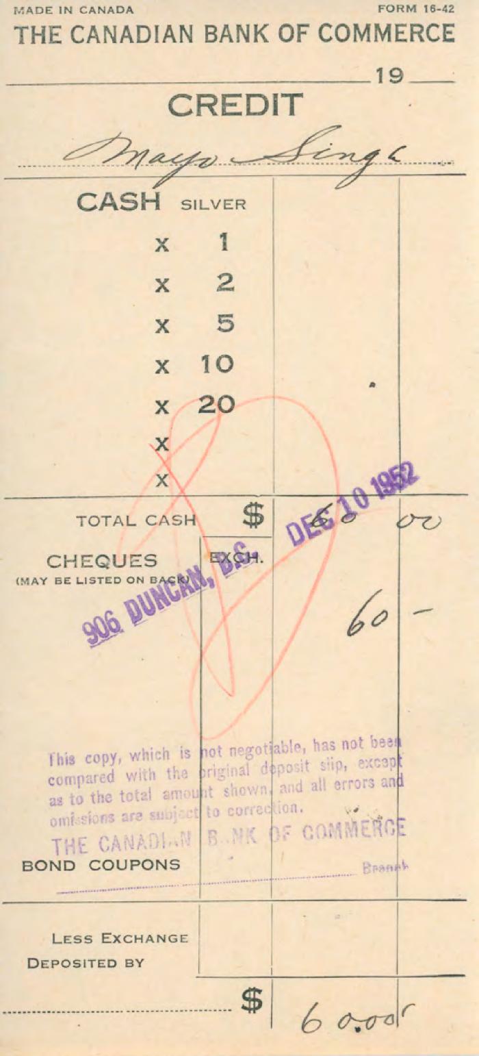 [Receipt of credit from the Canadian Bank of Commerce to Mayo Singh]
