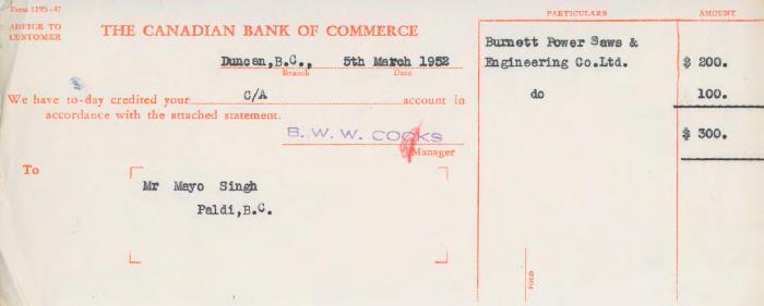 [Letter of advice from the Canadian Bank of Commerce to Mayo Singh]