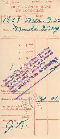 [Bank receipt from the Canadian Bank of Commerce to Mindi Mayo]