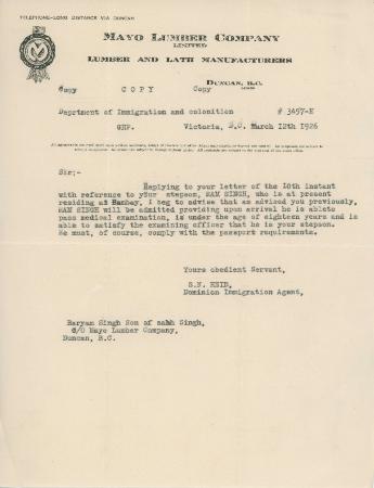 [Letter from S. N. Reid, Dominion Immigration Agent, to Baryam Singh]