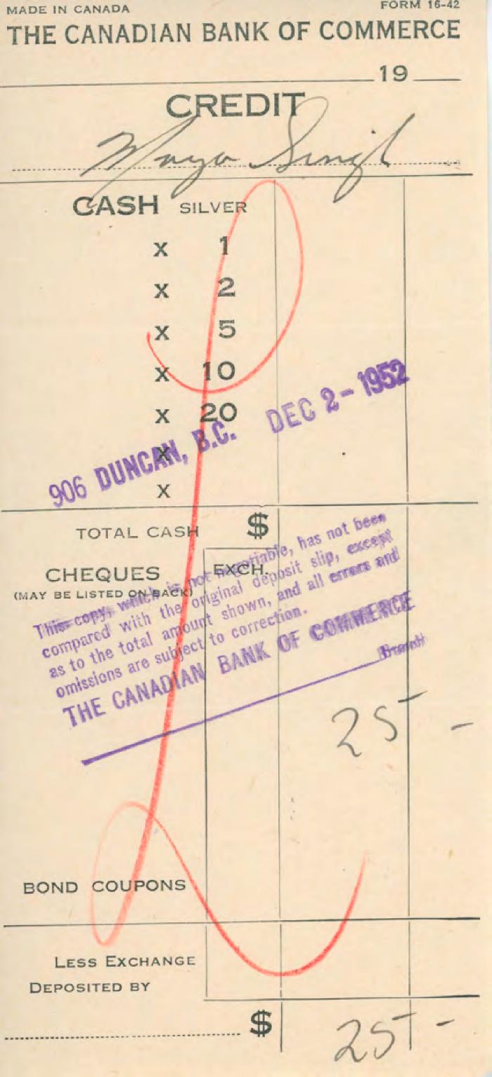 [Receipt of credit from the Canadian Bank of Commerce to Mayo Singh]