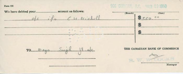 [Form of debit from Mayo Singh to Mayo Singh]