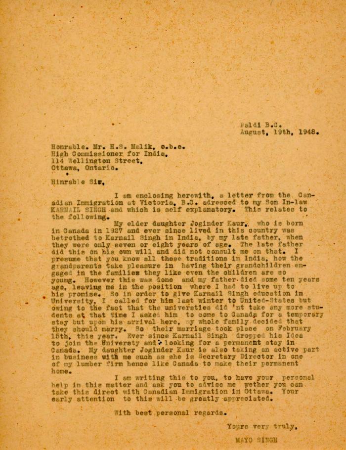 [Letter from Mayo Singh to H. S. Malik]
