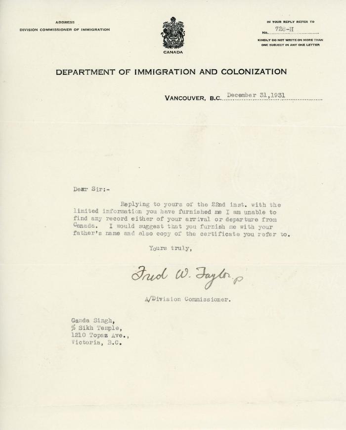 [Letter from Fred W. Taylor to Ganda Singh]