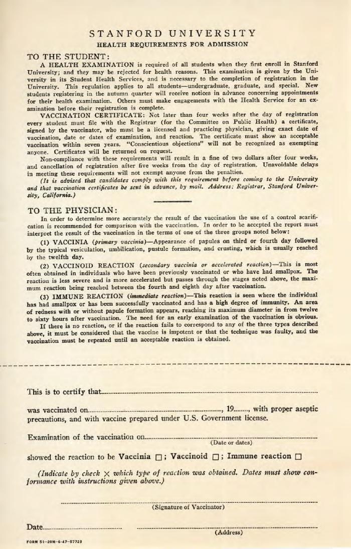[Health requirement form for the applicants to Stanford University]