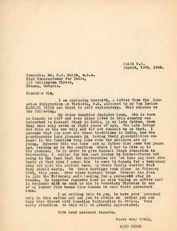 [Letter from Mayo Singh to H. S. Malik]
