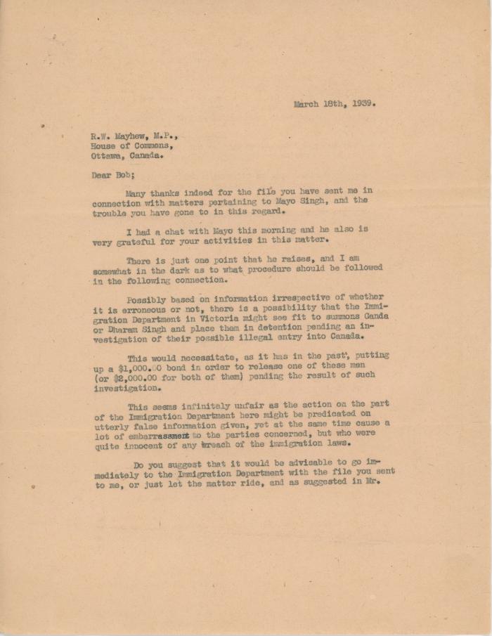 [Letter from [?] to R. W. Mayhew]