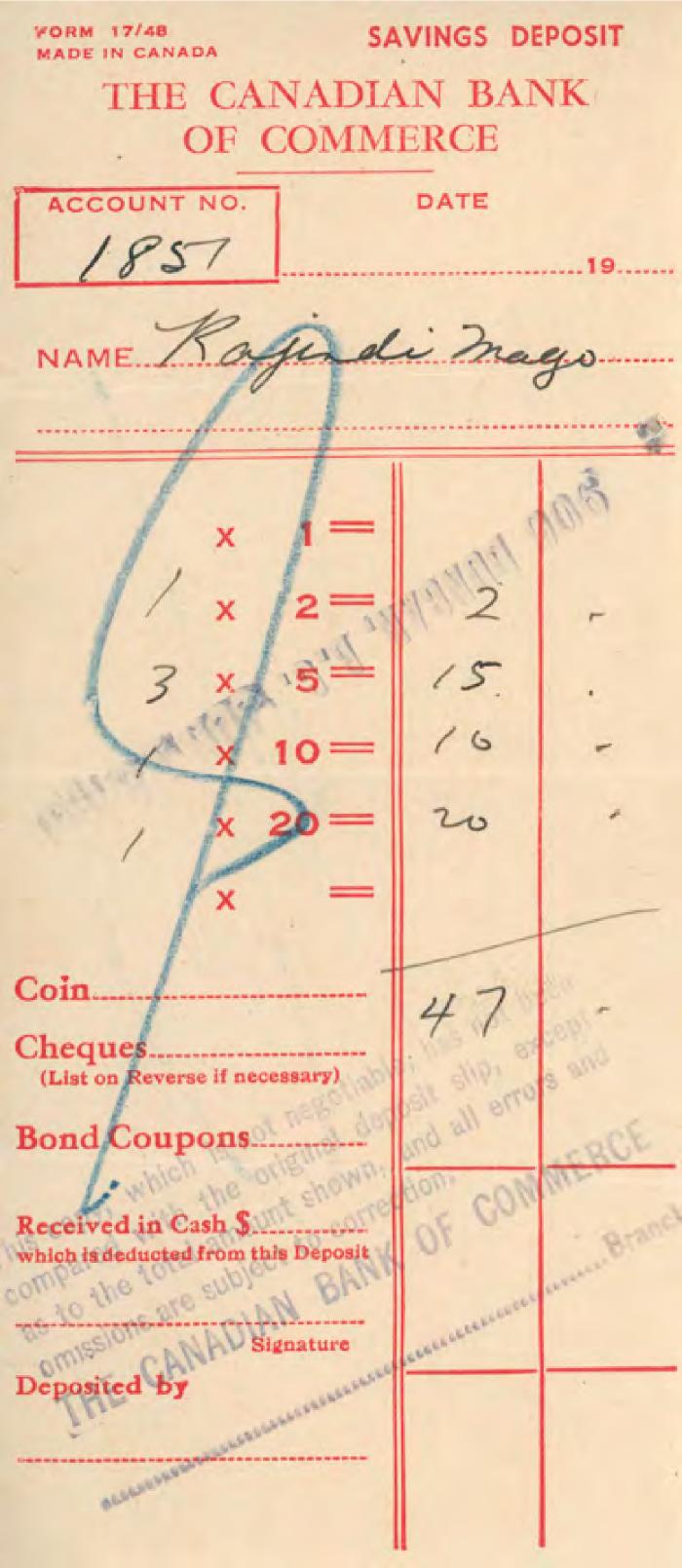 [Bank receipt from the Canadian Bank of Commerce to Rajindi Mayo]