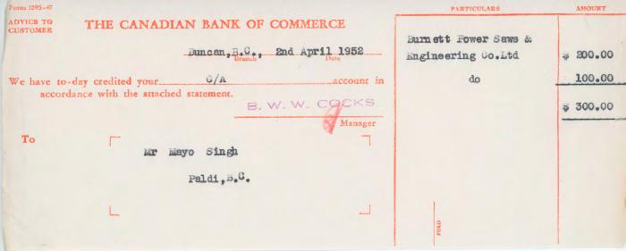 [Letter of advice from the Canadian Bank of Commerce to Mayo Singh]