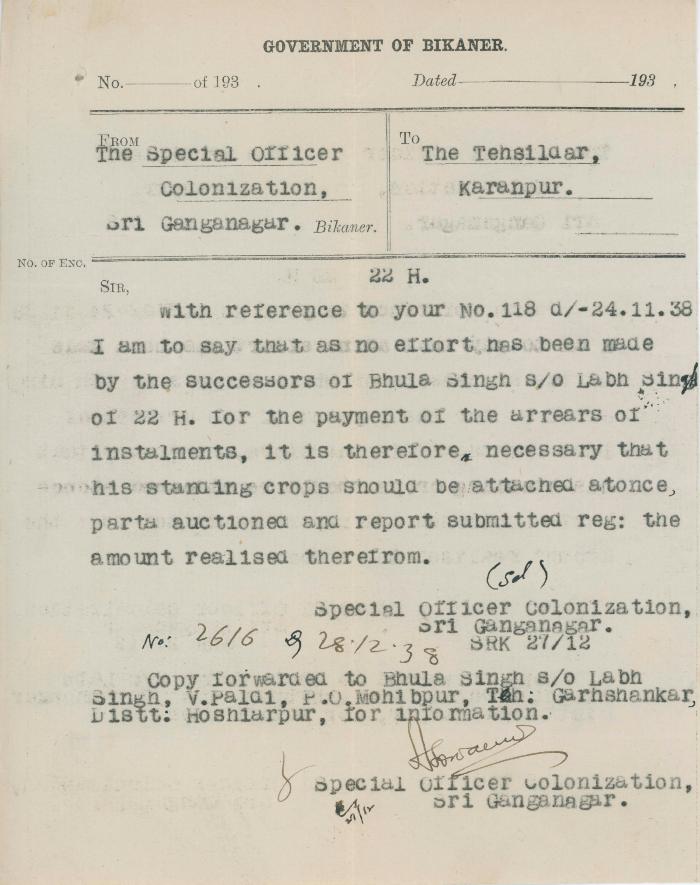 [Letter from the Special Officer Colonization, Sri Ganganagar to the Tehsildar at Karanpur]