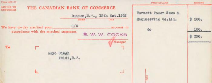 [Letter of advice from the Canadian Bank of Commerce to Mayo Singh]
